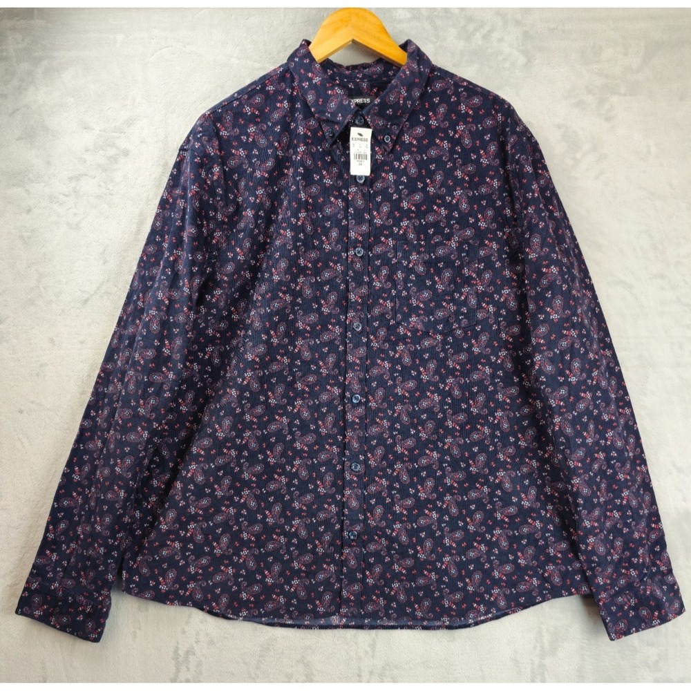 Express Mens Corduroy Shirt Mens XXL Navy Floral Paisley Print Button Down NWT